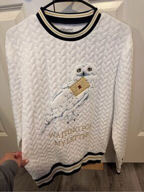 White Embroidered Owl Crewneck Sweater with Gold Lettering